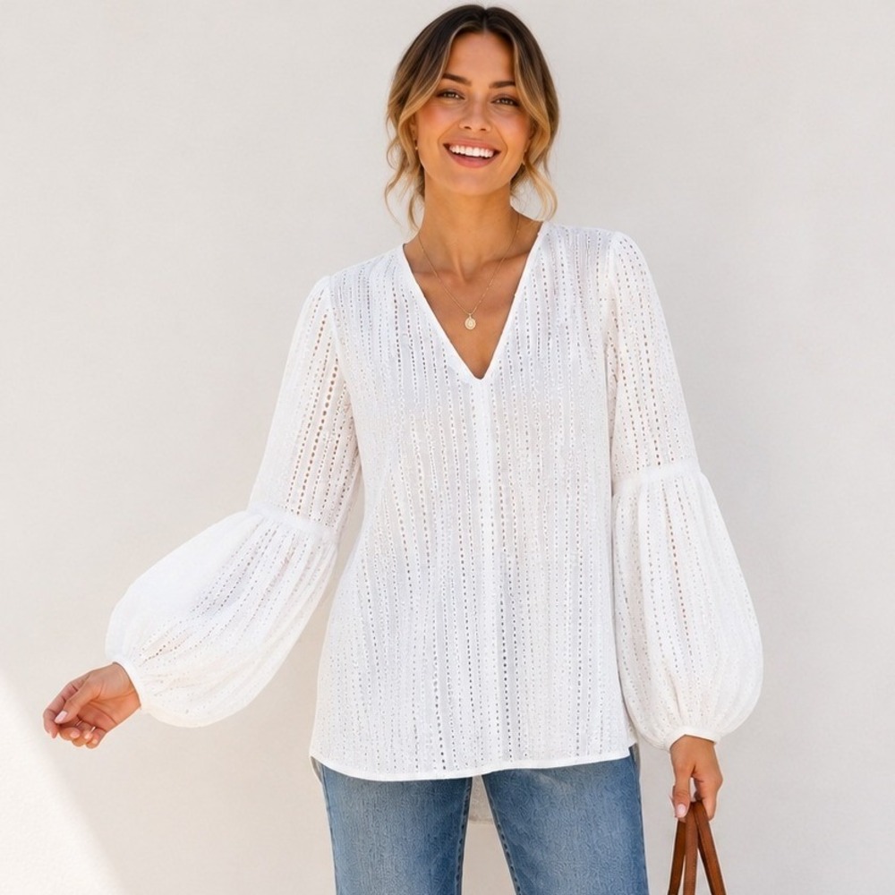 Noble 31 White Eyelet Bishop Sleeve Blouse Cotton V Neck Blouse Top Size S